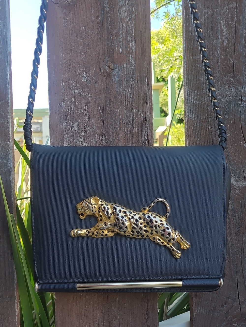 Vintage Black Crossbody Bag with Gold Leopard Accent